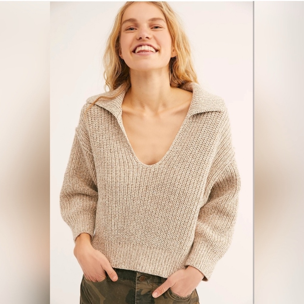 FREE PEOPLE Love This City Collared Sweater Cropped Oversized Beige Women's Sm